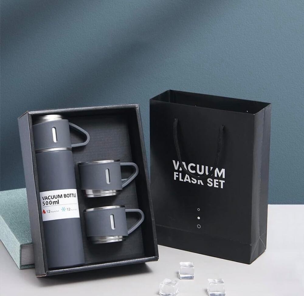 Vacuum Flask Set Insulated Thermo with 3 Cups Gift Set Hot & Cold Drinks Gray